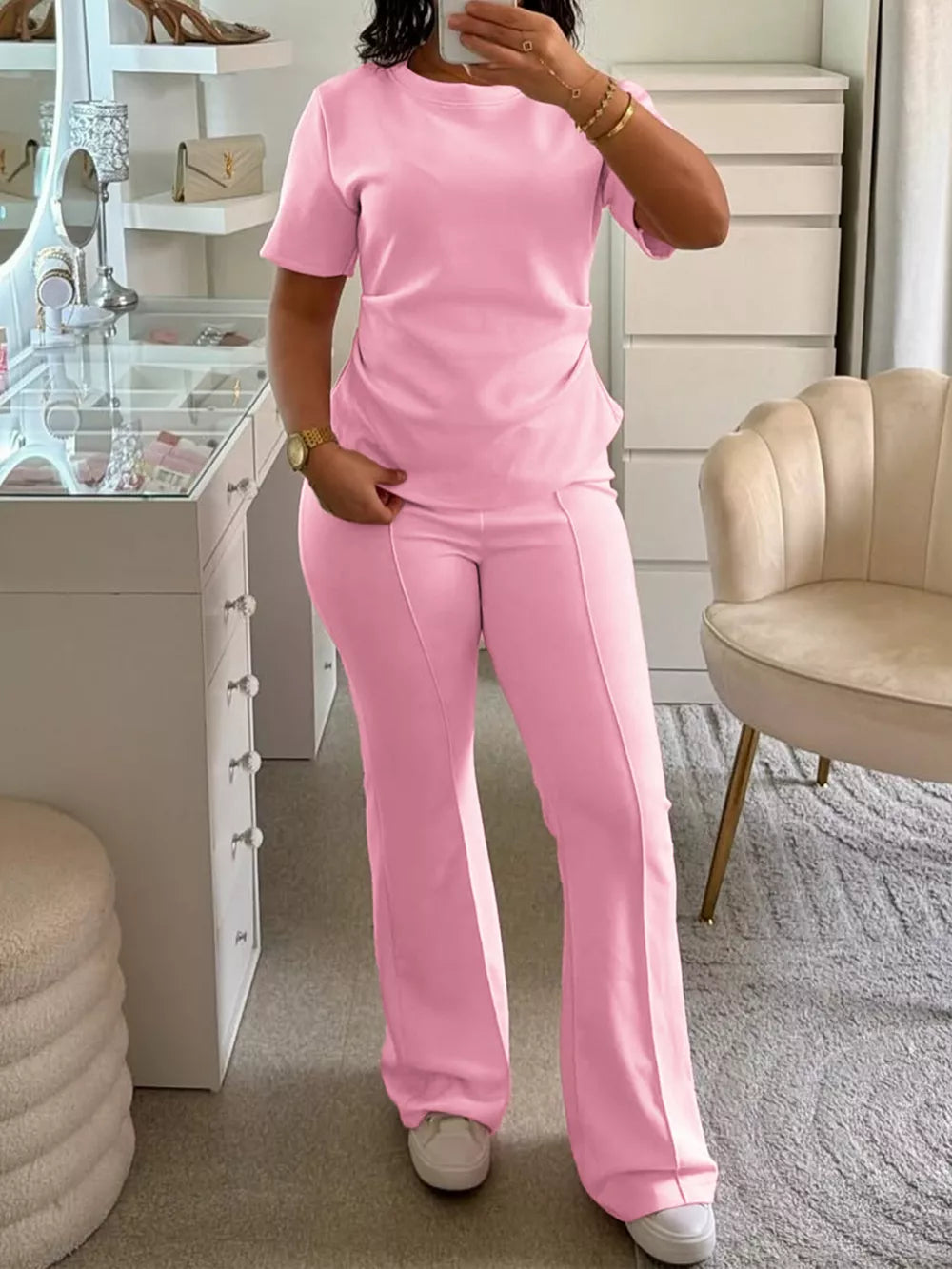 Round Neck Short Sleeve Top And Pants Set in Pink Purple