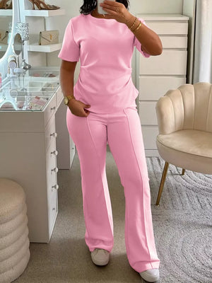 Round Neck Short Sleeve Top And Pants Set in Pink Purple