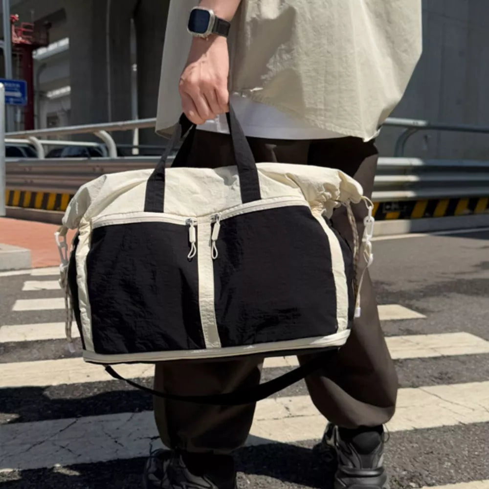 White With Black Color Block Large Travel Tote Bag