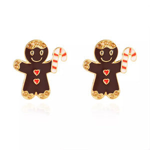 Alloy Gingerbread Man Stud Earrings in Caramel with rhinestone embellishment