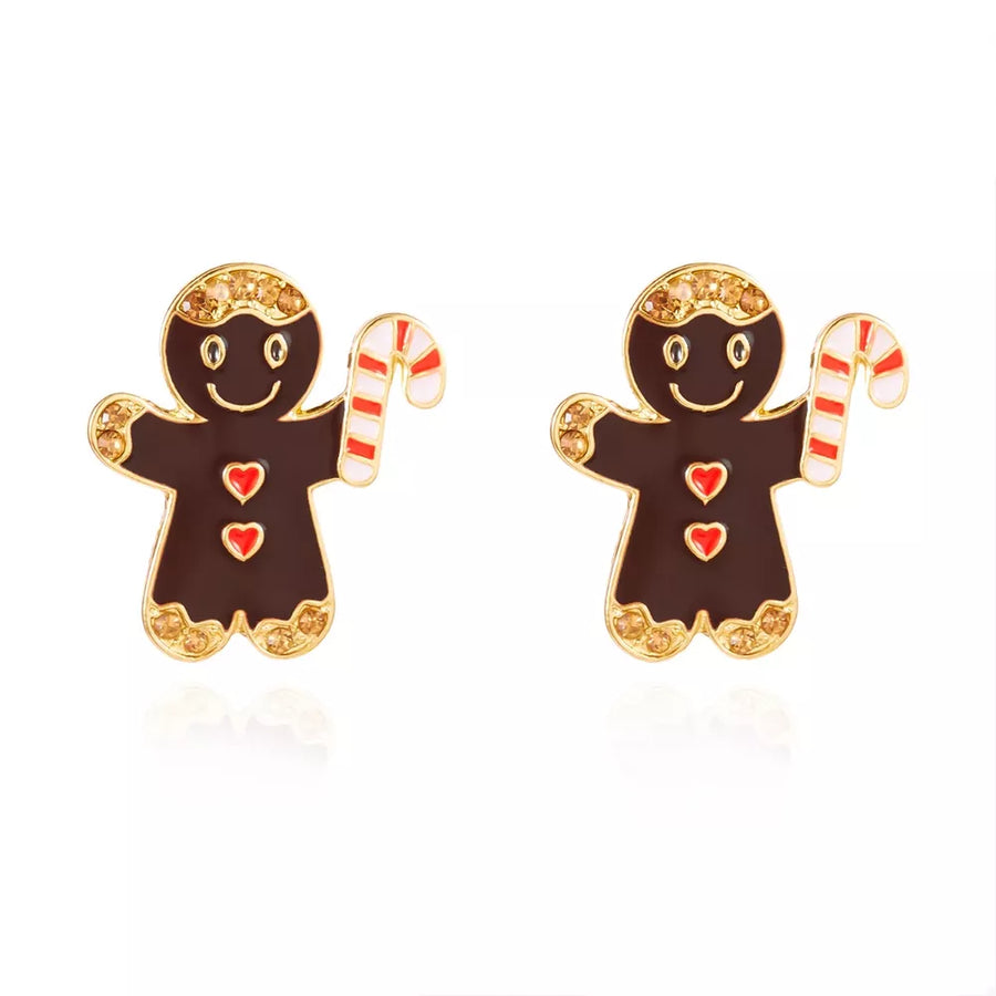 Alloy Gingerbread Man Stud Earrings in Caramel with rhinestone embellishment