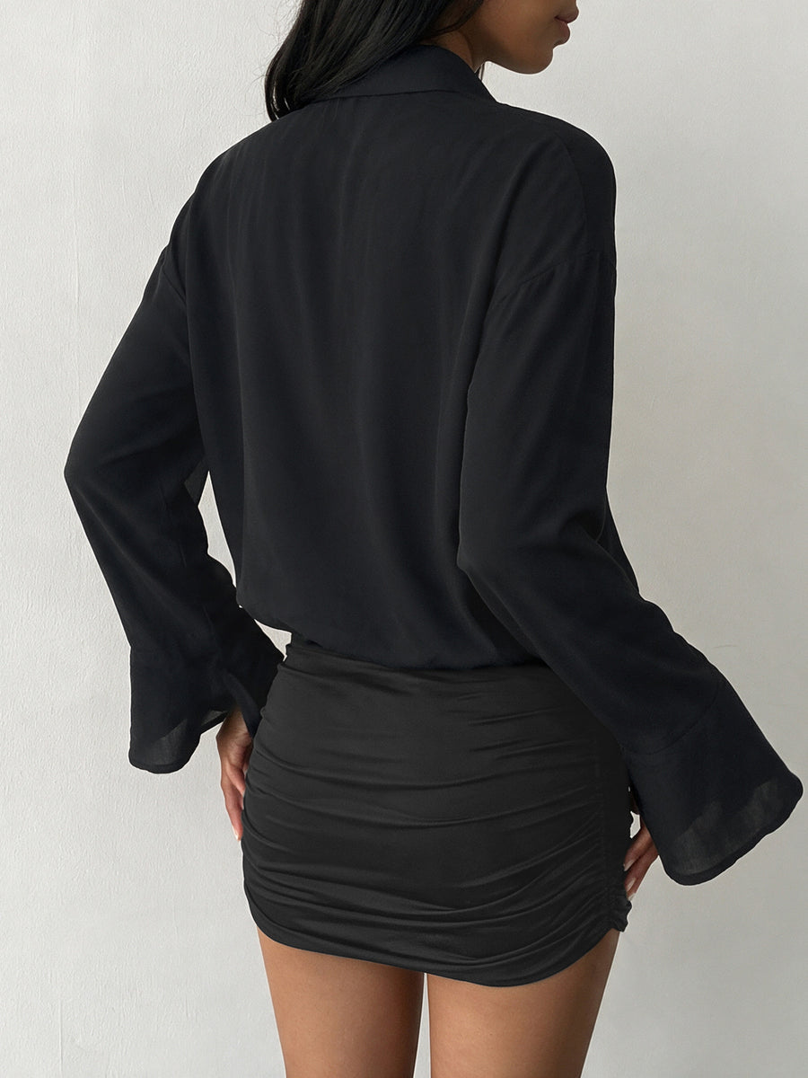 Button Front Flounce Sleeve Bodycon Shirt Dress in Black with buttoned