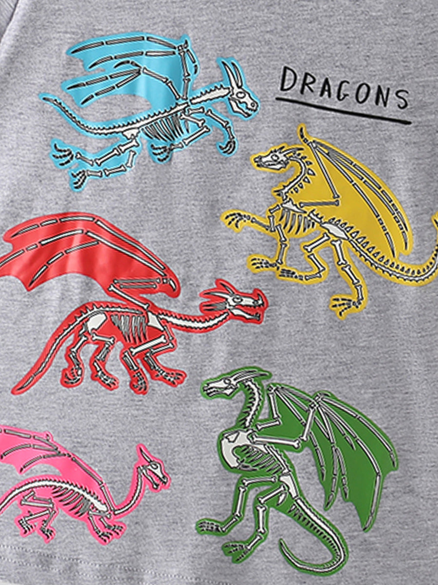 Baby t-shirt with colorful dragon skeleton graphic print and "DRAGONS" text.