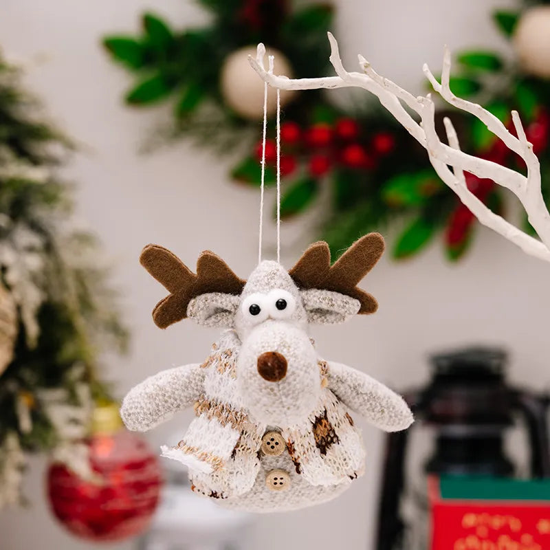 Knitted reindeer Christmas ornament in Style A, with brown antlers and a patterned sweater with buttons.