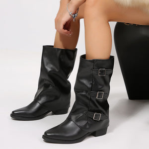 Black boots with mid-calf and pull-on
