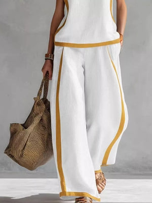 White sleeveless tank and wide-leg pants set with gold trim, polyester fabric.