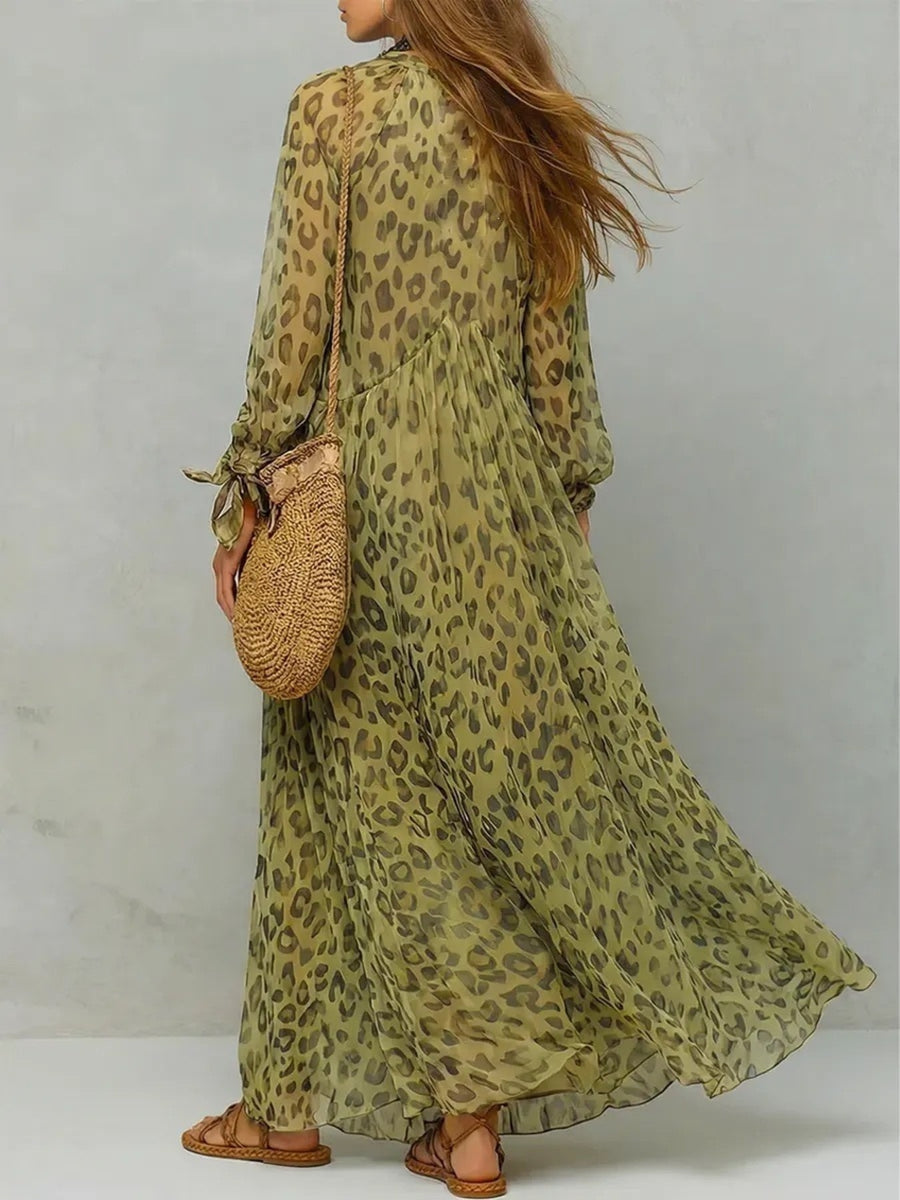 Pink maxi dress featuring tied and leopard-print