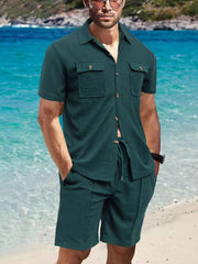 Textured resort shirt and shorts set in Deep Teal with button front and drawstring waist.