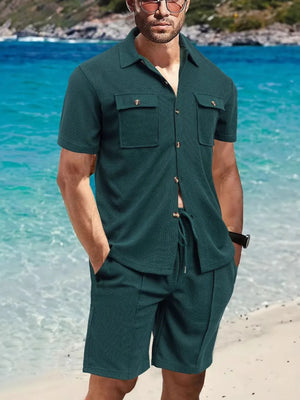 Textured resort shirt and shorts set in Deep Teal with button front and drawstring waist.