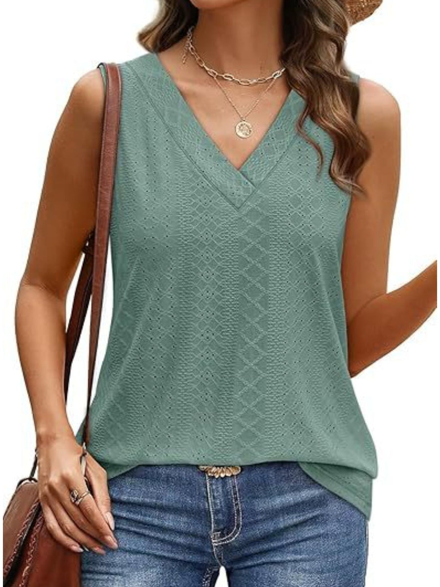Sleeveless V-neck tank top in a muted green with allover eyelet texture.