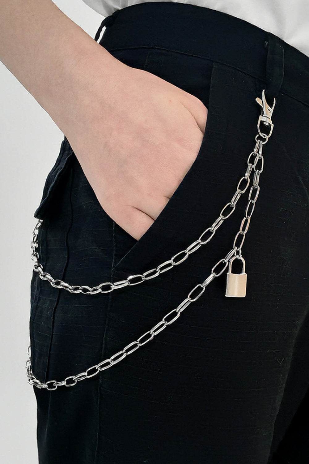 Silver double chain wallet chain with padlock accessory for pants