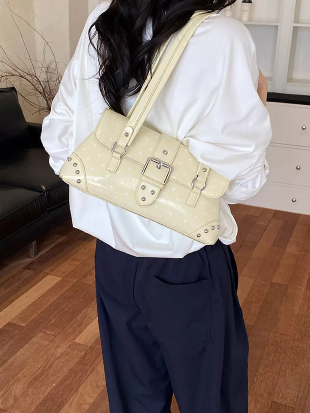 handbag featuring polka-dot in white with PU Leather Imported Size &amp texture