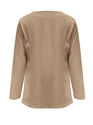 Camel suede-effect open front blazer with long sleeves and a rounded neckline.