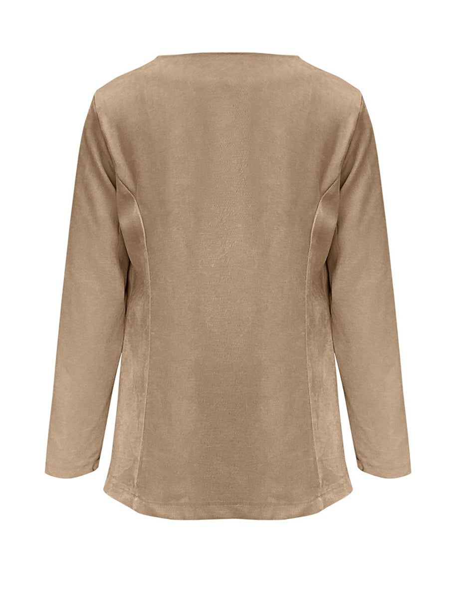 Camel suede-effect open front blazer with long sleeves and a rounded neckline.