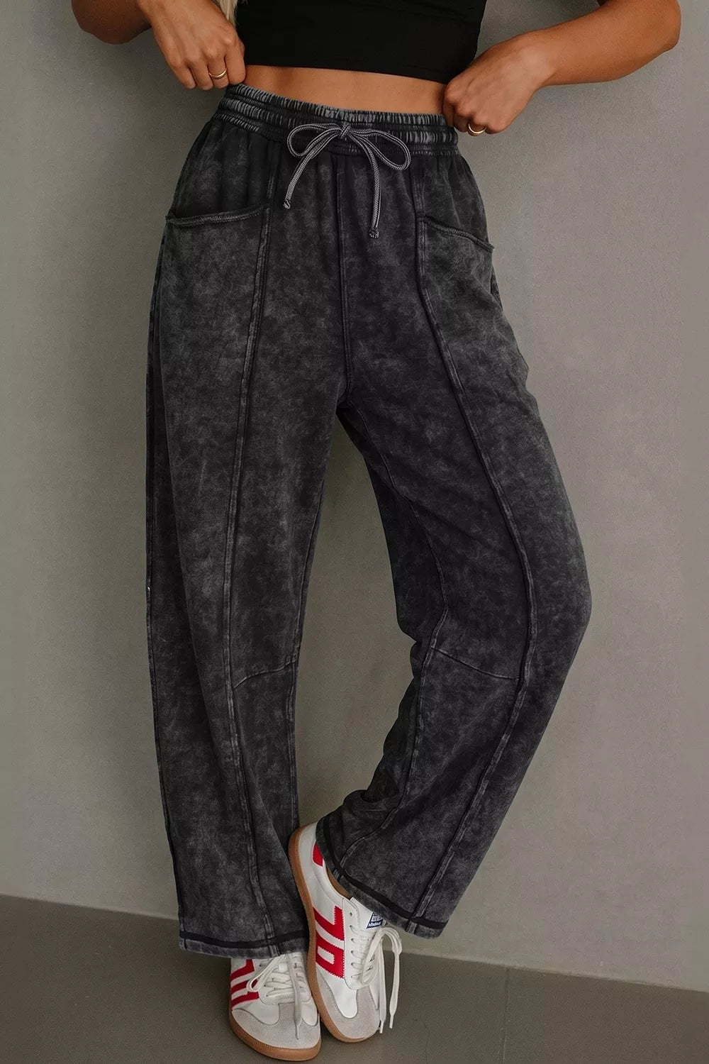 barrel pants in charcoal gray featuring mineral wash and relaxed fit