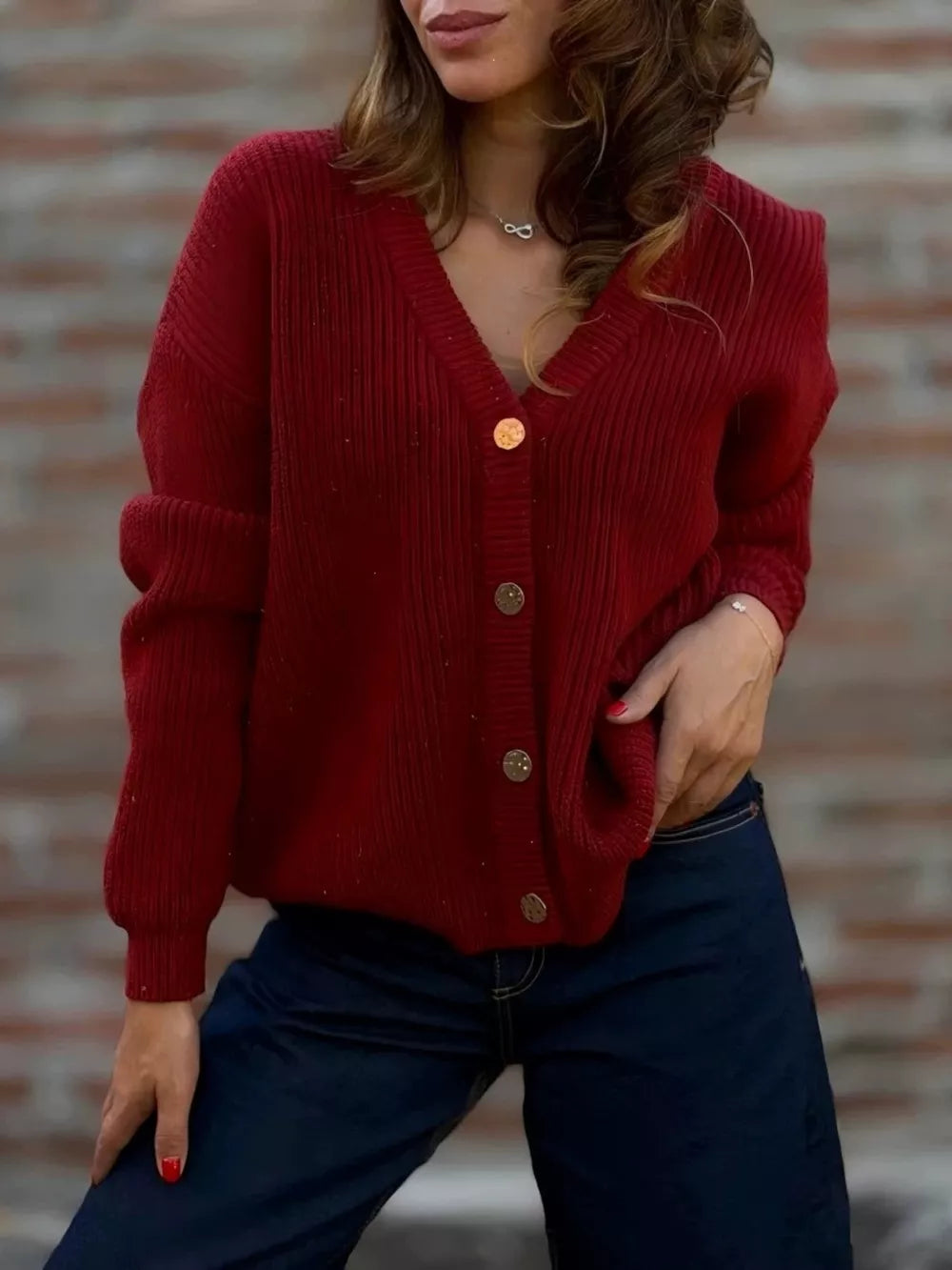 Full Size V-neck Button-up Knit Cardigan Plus Size in Deep Red