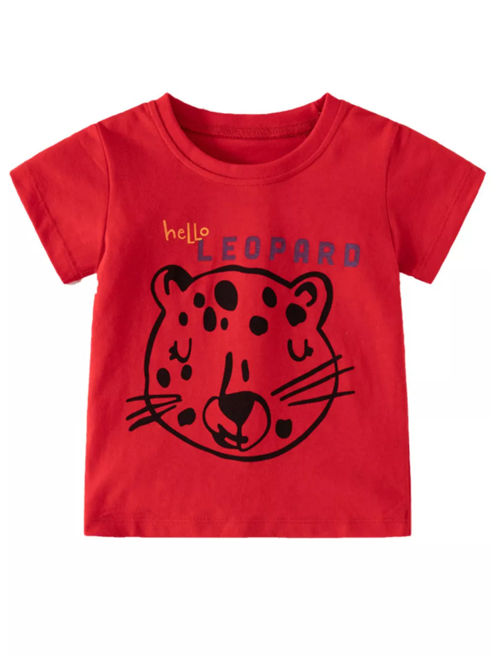 Red cotton toddler t-shirt with leopard graphic and "hello LEOPARD" text.