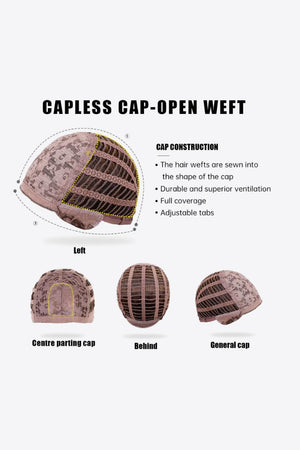 Capless wig construction with open wefts, adjustable tabs, and ventilation details shown.