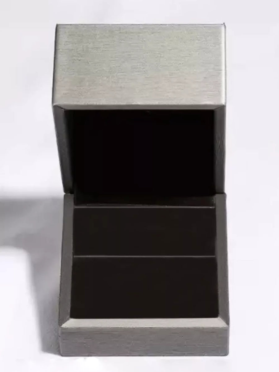 Gray ring box with open lid and black interior