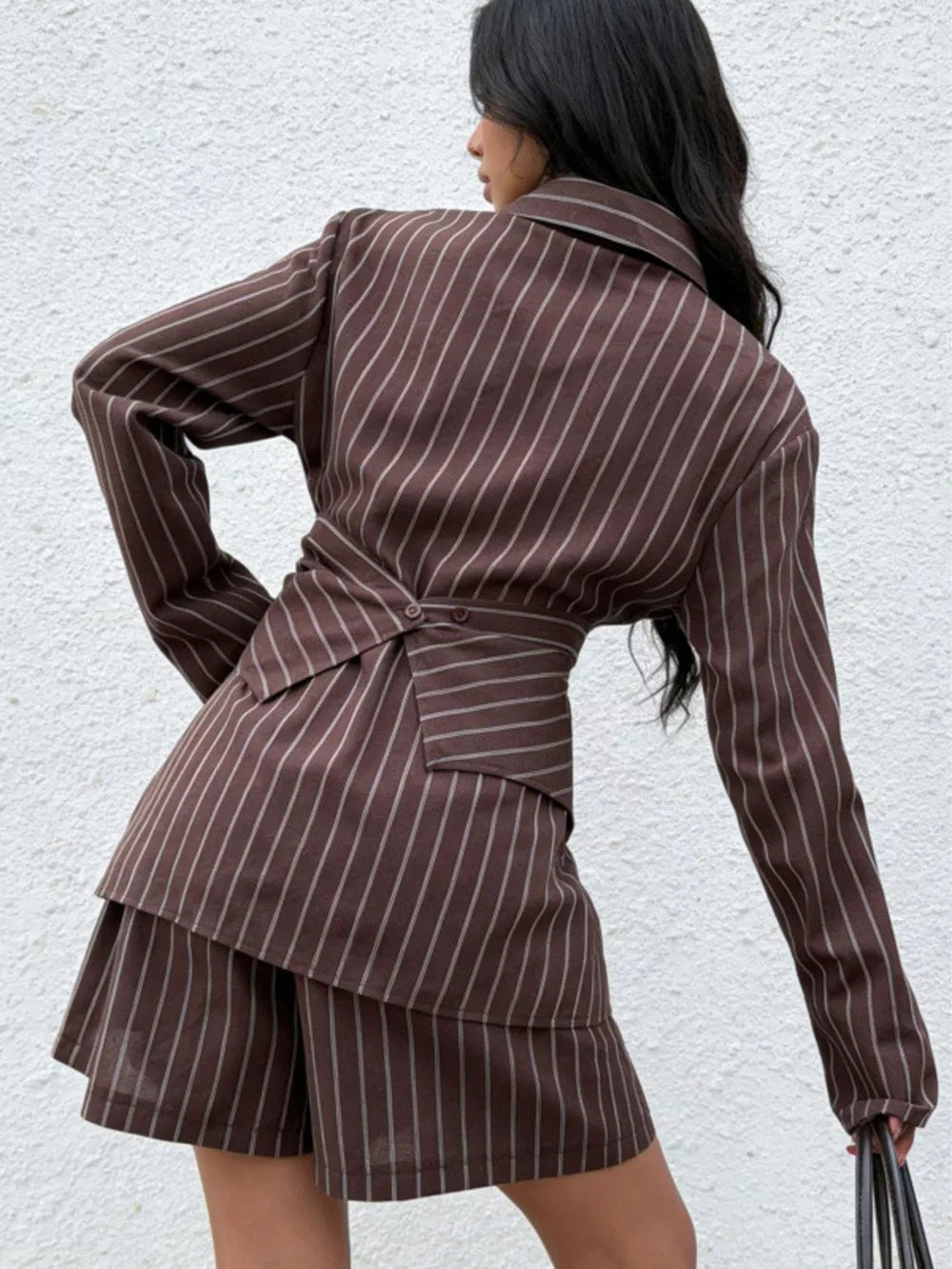 brown two-piece set with mini and wrap