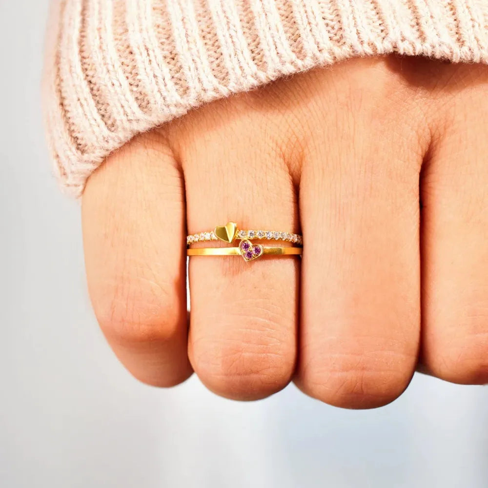 Gold heart detail layered ring set with cubic zirconia and pink stones