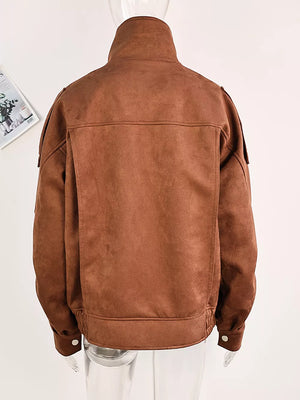 brown moto jacket with dropped shoulder and long sleeve