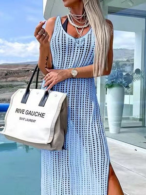 Light blue open-knit maxi cover-up with V-neck and side slit.