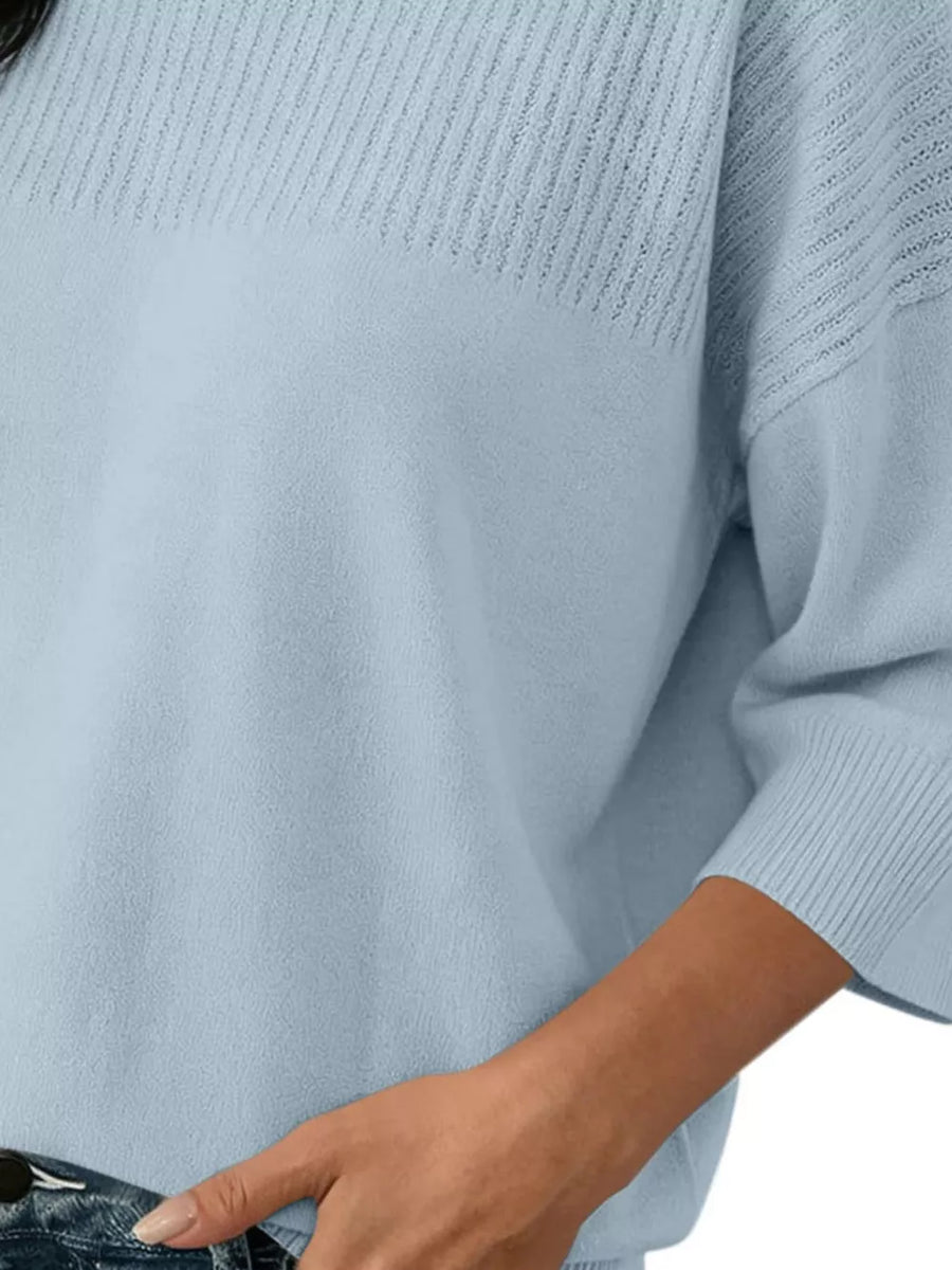 Elegant Crew Neck Eyelet Ribbed Sweater in Apricot