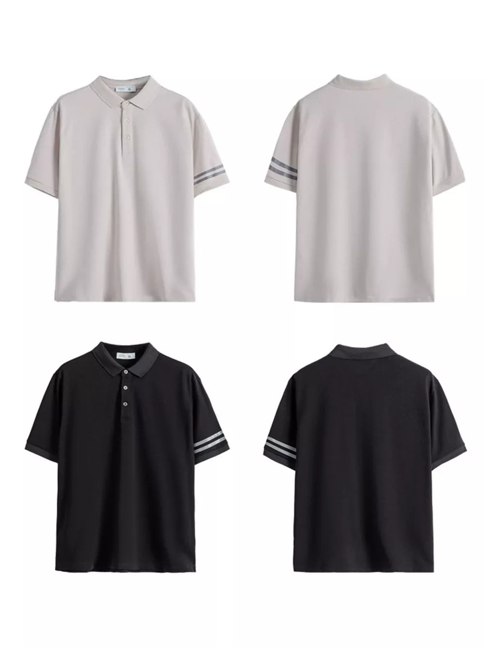 Men's short sleeve polo shirts in camel and black with striped sleeves.