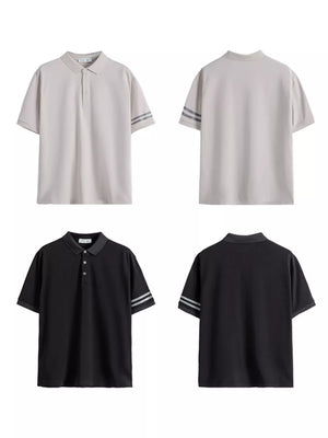 Men's short sleeve polo shirts in camel and black with striped sleeves.