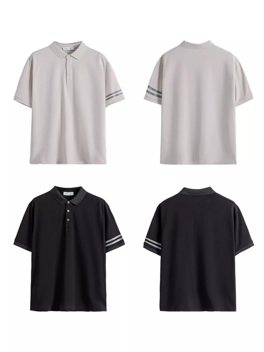 Men's short sleeve polo shirts in camel and black with striped sleeves.