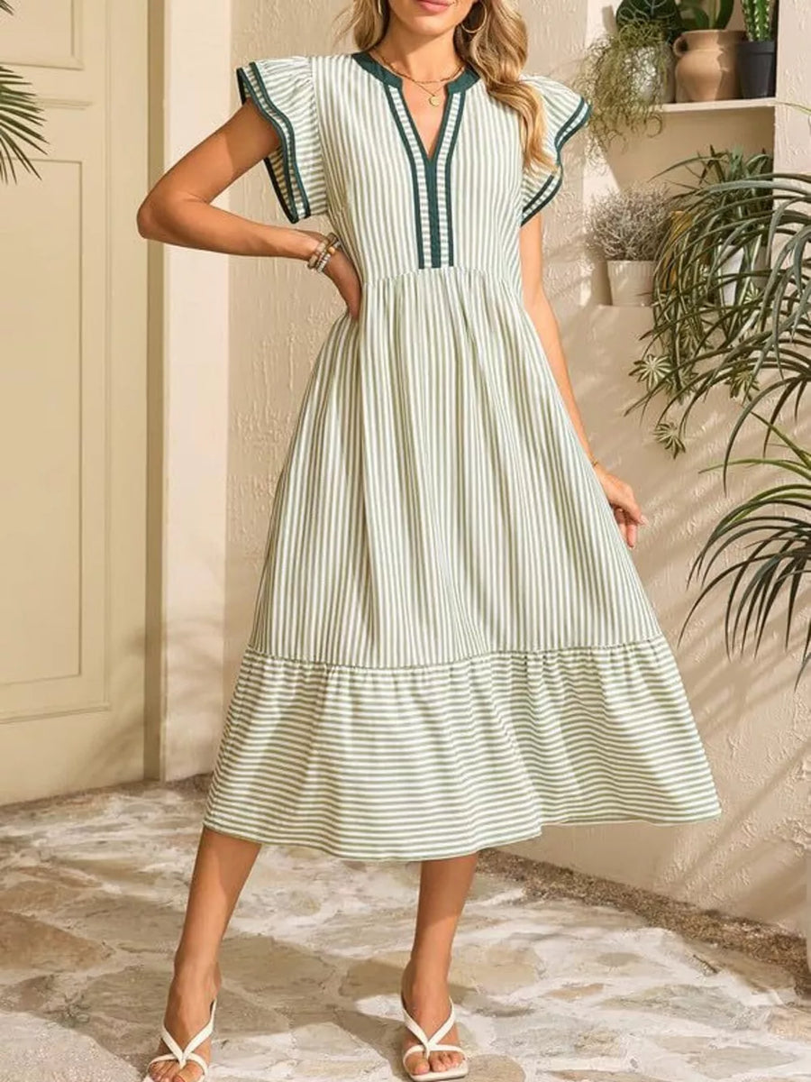 Green striped midi dress with ruffle sleeves and notched V-neck.
