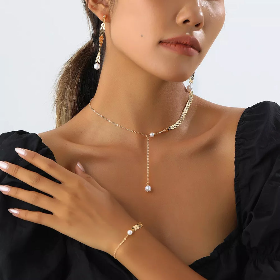 Wheat-spike 18k Gold-plated Faux Pearl Jewelry Set in Gold