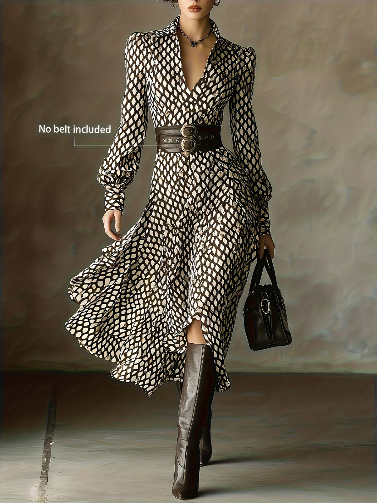 Geometric print midi dress with collar and button-down front in brown and white.