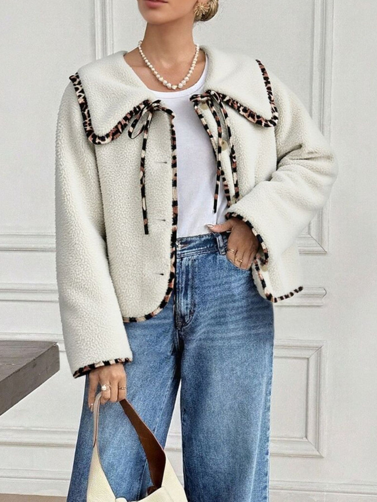 cream jacket with leopard-print and peter pan collar