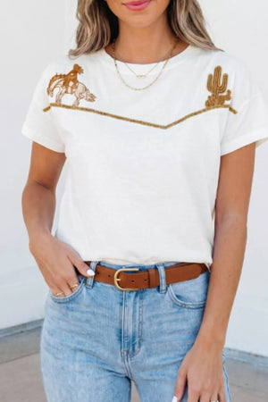White cotton crew neck tee with embroidered cowboy and cactus detail.