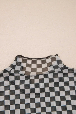 Plaid Stand Neck Long Sleeve Mesh Top option 8
