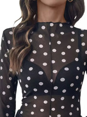 white blouse featuring mesh and polka-dot