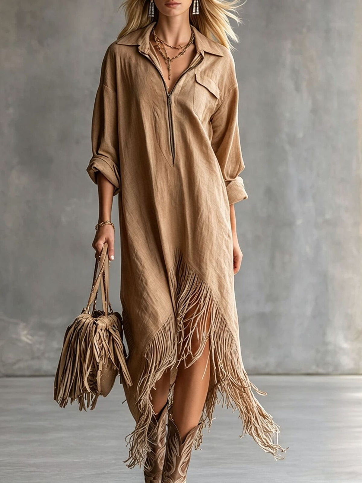 Sage midi dress with zipper and long sleeve