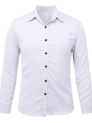 White satin finish button-down shirt with black buttons