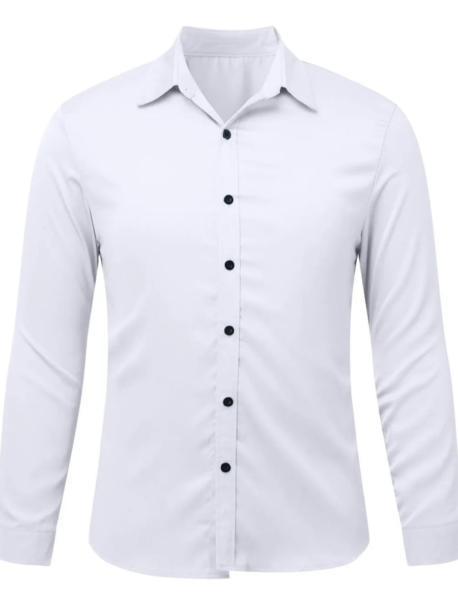 White satin finish button-down shirt with black buttons