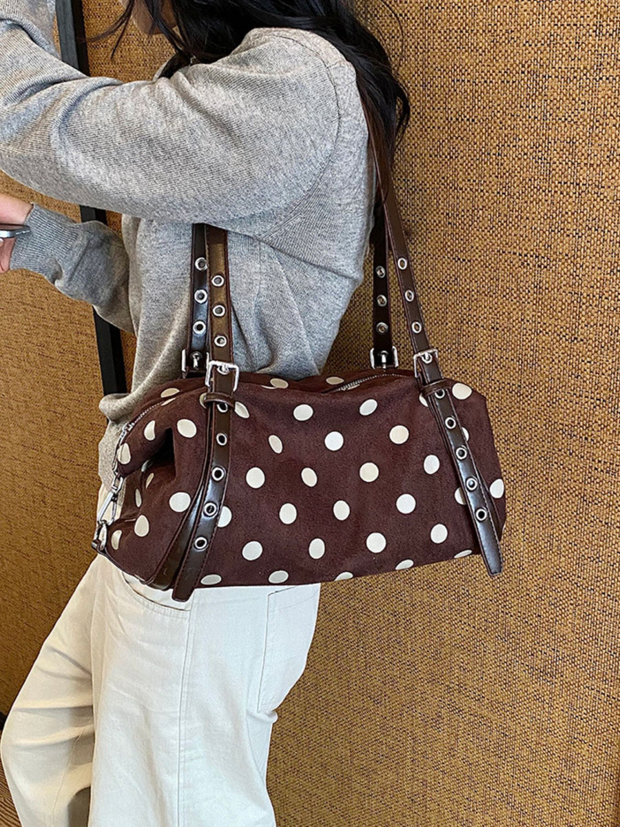 Brown shoulder bag with zip-front and polka dot