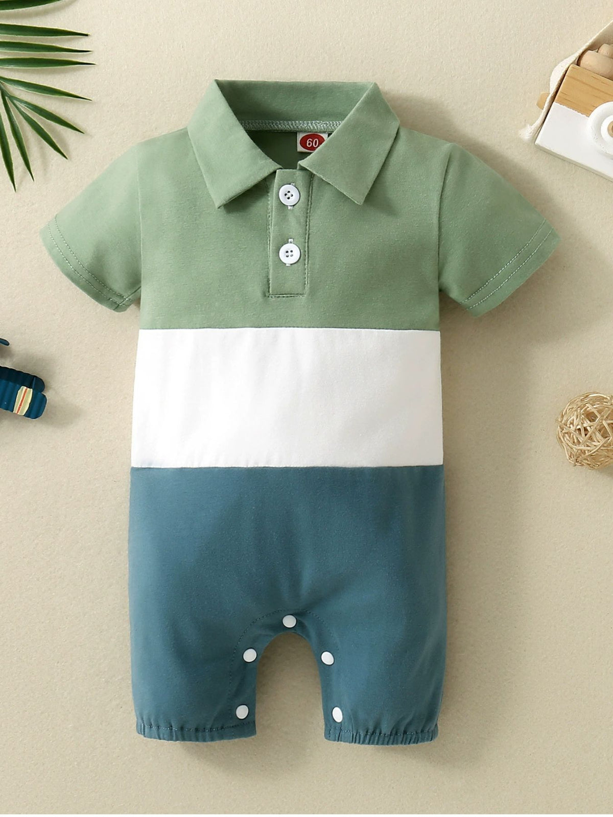 Color block polo collar baby romper in moss green, white, and sky blue cotton
