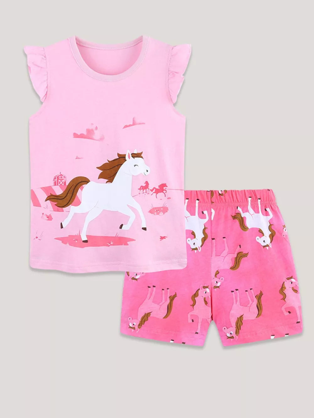 Pink cotton tank and shorts set with galloping horse print and ruffled sleeves.