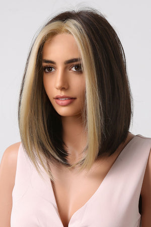 Two-tone bob wig in brown and blonde money piece style, framing the face.