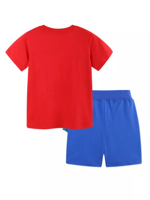 Red cotton t-shirt and blue shorts set for toddlers.