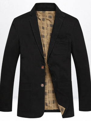 Black casual button-up blazer for men with plaid lining and two-button closure.