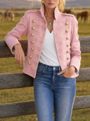 Dusty Pink denim jacket with hip-length and open-front