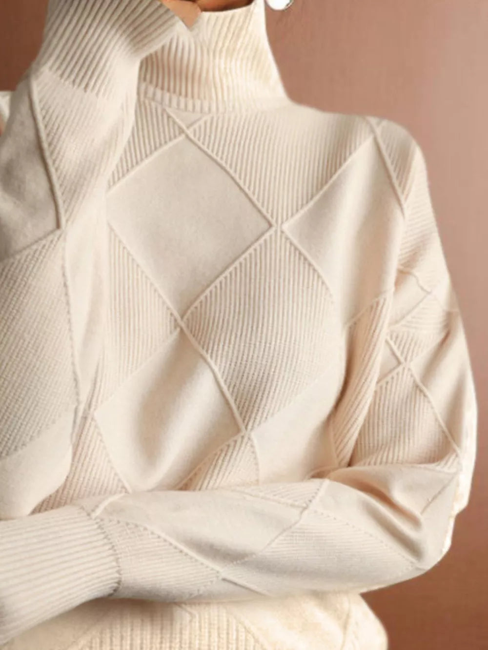 Cerise turtleneck sweater featuring ribbed and argyle