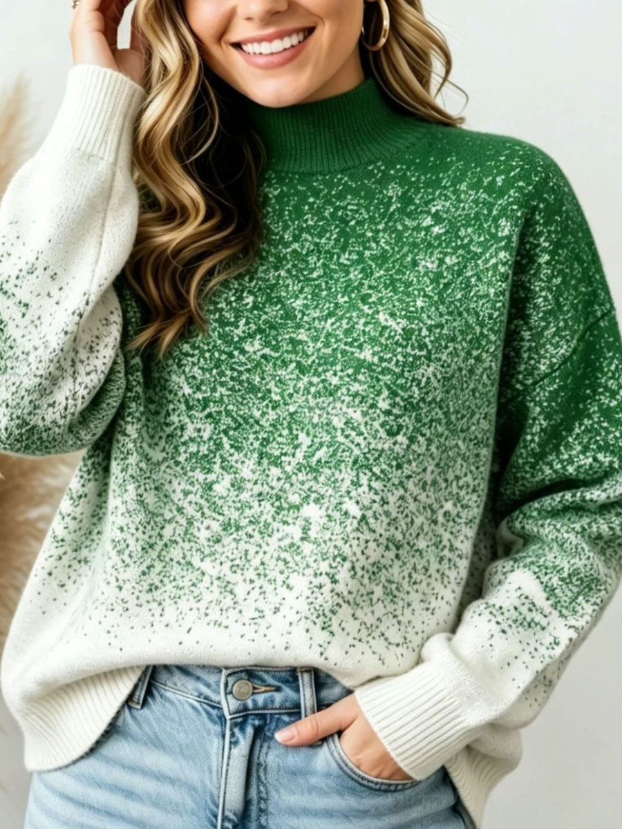 white turtleneck sweater with ribbed cuffs and long sleeve